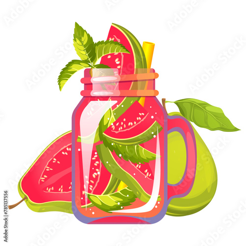 Cocktail with guava. Refreshing drink in a can with guava. Summer juice with guava. Smoothie with fresh fruit. Lemonade with guava. Vector illustration.