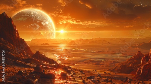 AI generated illustration of an orange sky with a distant planet and mountains