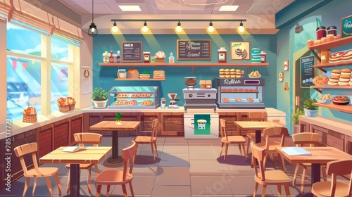 Modern cartoon illustration of bakery shop interior with wooden tables and chairs, sweet cake, buns, donuts, fresh baguettes, computer on cash desk, menu boards on wall, and computer on cash desk.