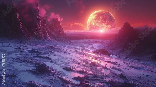 AI generated illustration of alien landscape with two moons in the sky and a distant planet photo