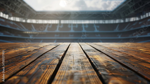 An empty stadium with no one in the stands vaguely visible beyond the empty wooden tables. Generative AI photo