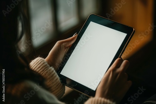 Device screen seen from a shoulder of a girl holding an ebook with a completely black screen