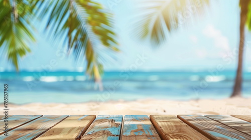 Top of wood table with seascape and palm leaves, blur bokeh light of calm sea and sky at tropical beach background. Empty ready for your product display montage - Generative AI