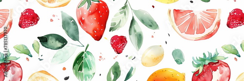 Watercolour Summer themed repeating pattern, fruit decoration, strawberries, oranges, leaves - Generative AI photo