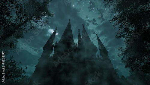 Stars twinkling in the darkening sky illuminate the gloomy, mysterious castle. A magical fairy-tale night.