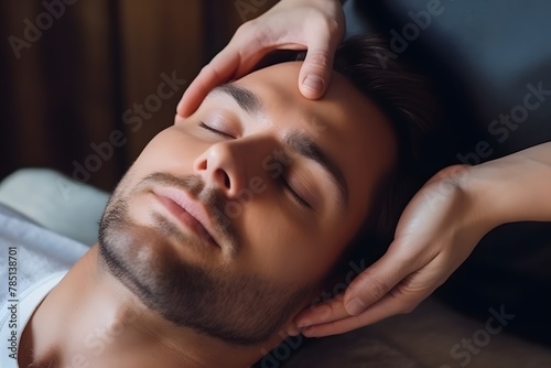 A man lies in a beauty parlor and enjoys a facial massage. Close-up of a man's portrait and woman's hands.