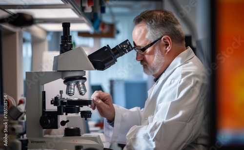 Male scientist using a high-precision microscope in a lab, showcasing the critical role of technology in research and discovery.