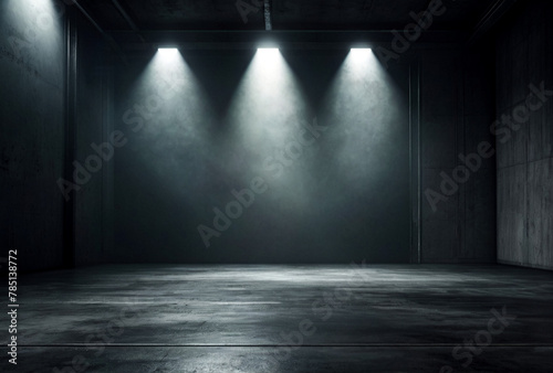 Illustration of empty space industry room with concrete floor grunge texture background  fog and lighting effect. Industrial hall. Create art backdrop concept. Gen ai illustrate. Copy ad text space