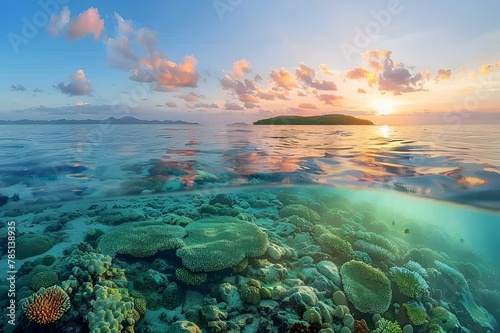 AI generated illustration of a tropical island with a coral reef and sunset over the ocean