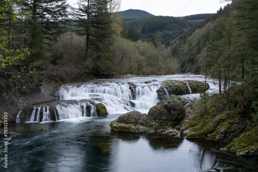 Beautiful Dougan Falls on Washougal River, Washington, captured at in spring time Beautiful Dougan Falls on Washougal River, Washington, captured at in spring time