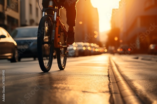 Cyclist riding a bicycle in the city at sunset, close-up photo