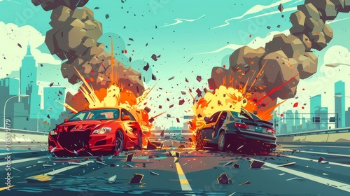 An accident on a highway against a cityscape background. Cartoon illustration of two flipped cars on the road after collision, smoke and fire under damaged hoods, broken glass, vehicle insurance photo