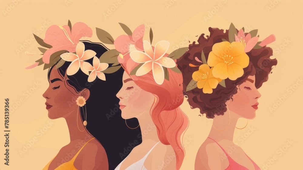 Three women of different races dress themselves with beautiful flowers in honor of Women's Day.