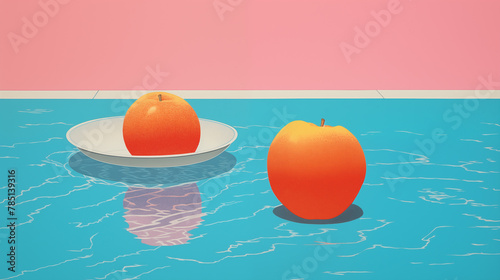 Illustration d'une nectarine, pêche, sur un fond d'eau, de piscine. Fruit, sain, délicieux, sucré. Jus de fruit, dessert. Pour conception et création graphique.