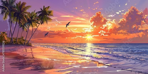 Beautiful sunset beach painting with palm trees. Serene coastal landscape