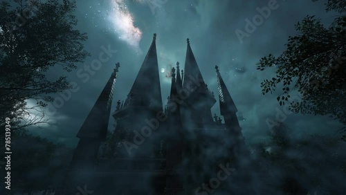 Fog envelops the mystical castle. A thunderstorm in the mysterious forest. Flashes of lightning illuminate the gloomy forest.