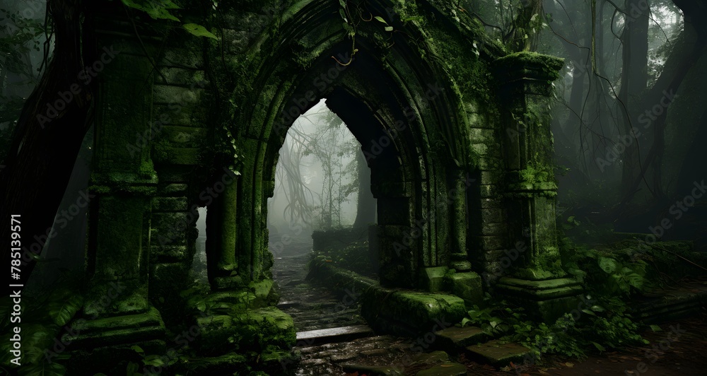AI generated illustration of a gothic portal framed by moss-covered trees and vegetation