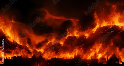 AI generated illustration of intense fire engulfs a building in London