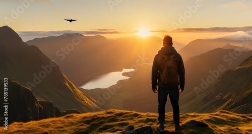 AI generated illustration of a person standing on hilltop observing bird flying over hills