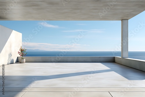 empty concrete terrace with sea view and blue sky, 3d rendering