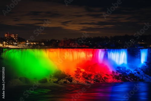 Scenic view of American Falls illuminated with lights in Niagara Falls in Ontario, Canada, at night
