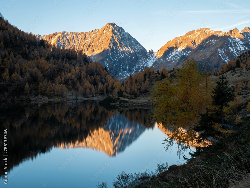 Beautiful shot of lake Landschitzsee reflecting trees and mountains in Salzburg, Austria