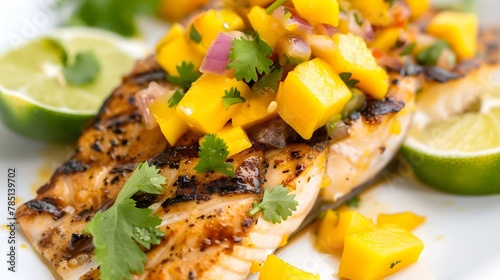 Mahi-mahi Grilled fish fillet topped with mango salsa, garnished with cilantro and lime photo