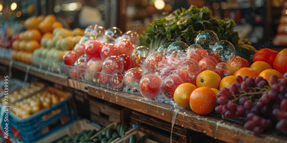 Rustic farmers market stall overflowing with giant, iridescent soap bubble fruit