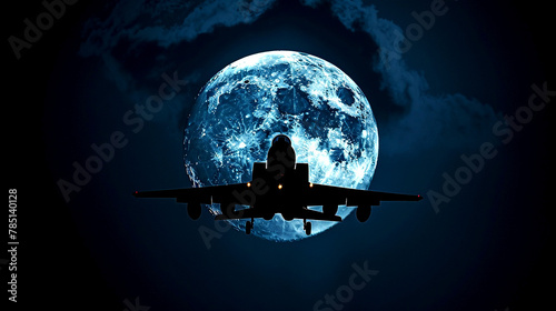 AI generated illustration of sn airplane flying at night during moonrise