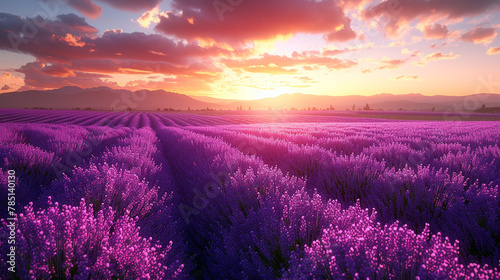 AI generated illustration of a sunset over French lavender fields  sun setting behind clouds