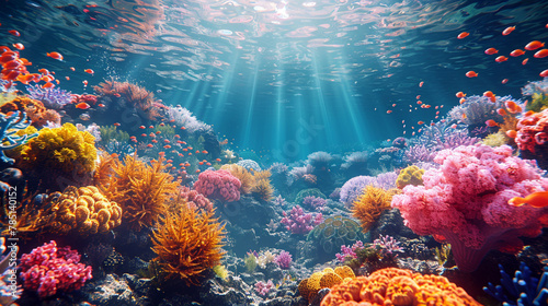 AI generated illustration of underwater coral reef with fish swimming near the surface