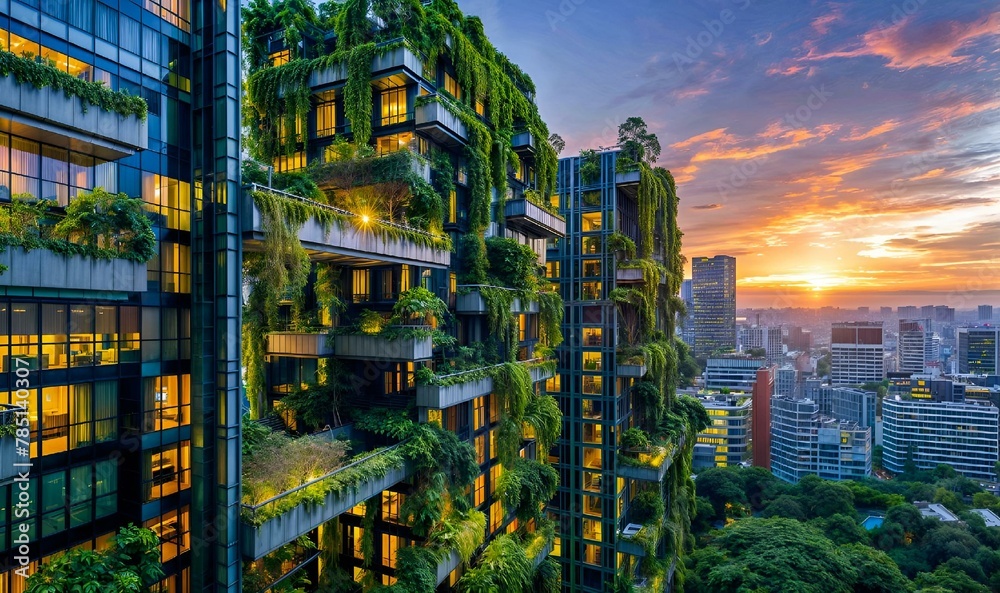 AI generated illustration of plants adorning Bangkok buildings at sunset