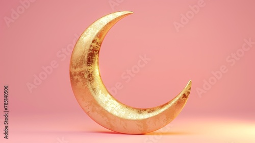 This 3D illustration shows a golden crescent moon isolated on a pink background. The element can be used for Islamic religious and magical decorations.