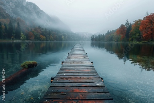 AI generated illustration of a wooden bridge crossing a foggy waterway photo