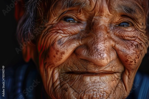 AI generated illustration of an elderly person with deeply creased facial skin © Wirestock