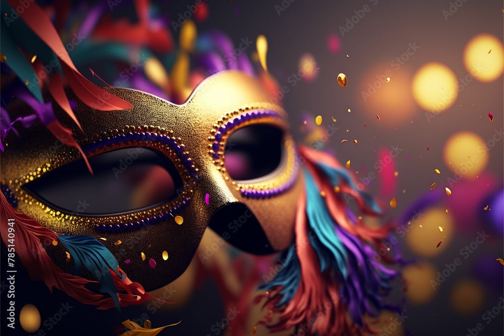 a carnival mask that is being worn with feathers and colored ribbons