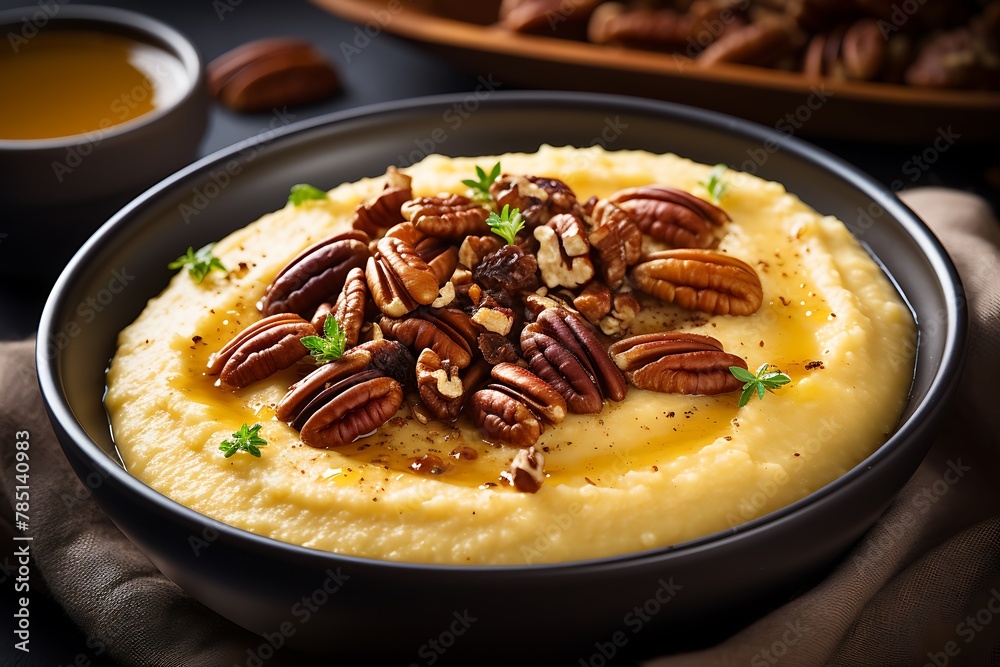 Mashed potatoes with pecan nuts in a bowl on wooden background