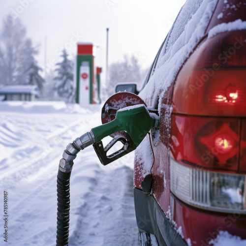 AI generated illustration of a snow-covered vehicle getting refueled at a gas station in winter