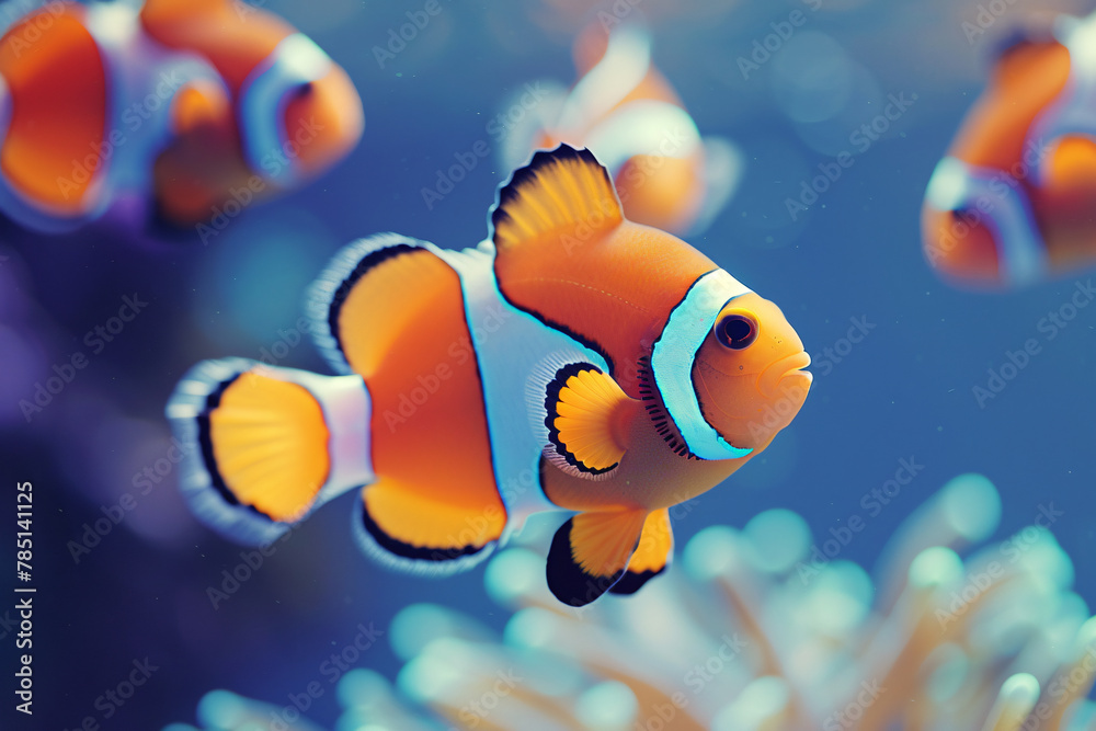 Fototapeta premium Clownfish swimming playfully among colorful coral and anemones in a vibrant underwater scene
