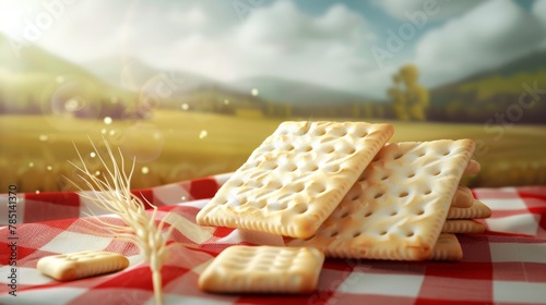 The unflavored saltine crackers and wheat stalks are illustrated in 3D on a red picnic plaid with farmland in the background. photo