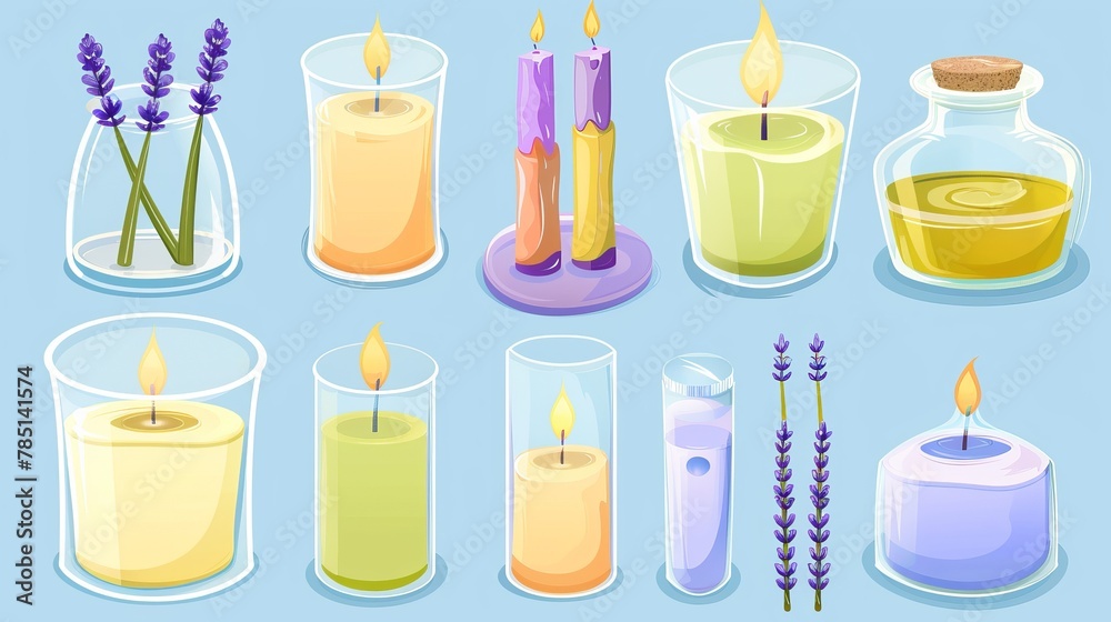 A set of aromatic wax candles isolated on a blue background. A modern illustration of spa or home interior elements for relaxation, a glass jar with aroma oil, a lavender flavor, and items for