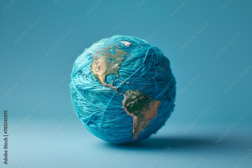 A globe tied with threads on blue background A globe tied with threads on blue background