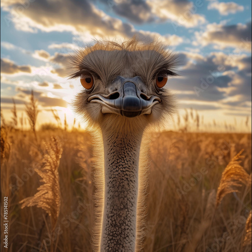 an ostrich with early morning sunrise behind it. ostrich in the wild.