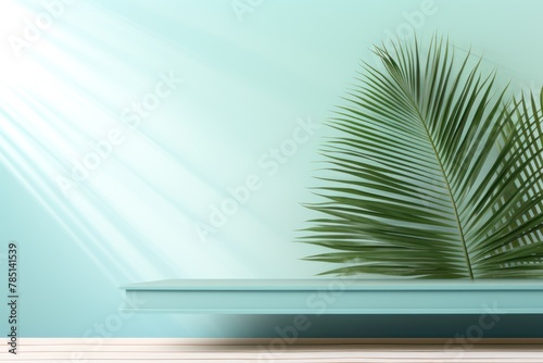 Cyan background with palm leaf shadow and white wooden table for product display, summer concept. Vector illustration, isolated on pastel background © GalleryGlider