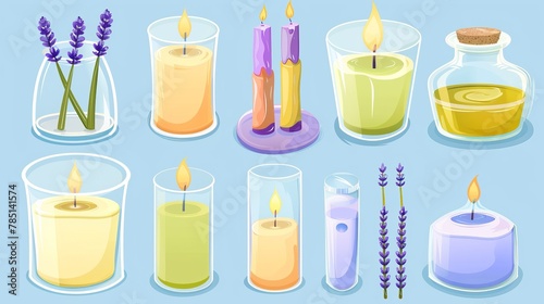 A set of aromatic wax candles isolated on a blue background. A modern illustration of spa or home interior elements for relaxation, a glass jar with aroma oil, a lavender flavor, and items for