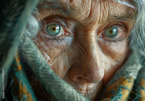 Hyperrealistic detail of elderly woman eyes