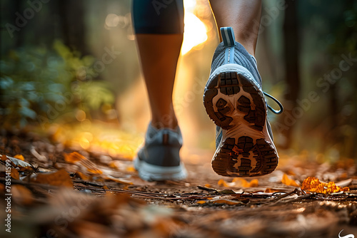 Lady trail runner on forest path with close up of trail running shoes.