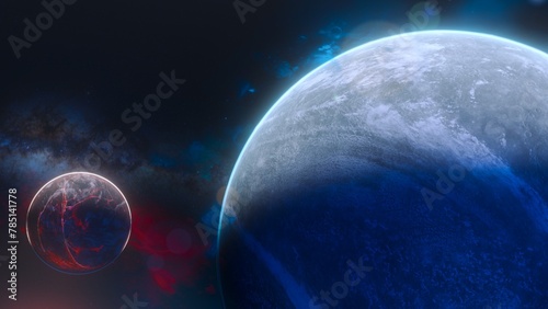 the blue planet with an alien looking like it is being attacked by another star