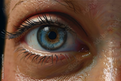there is a closeup of a woman's blue eye