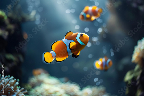 Colorful underwater scene featuring a clownfish swimming among vibrant corals and anemones in a clear, tropical reef